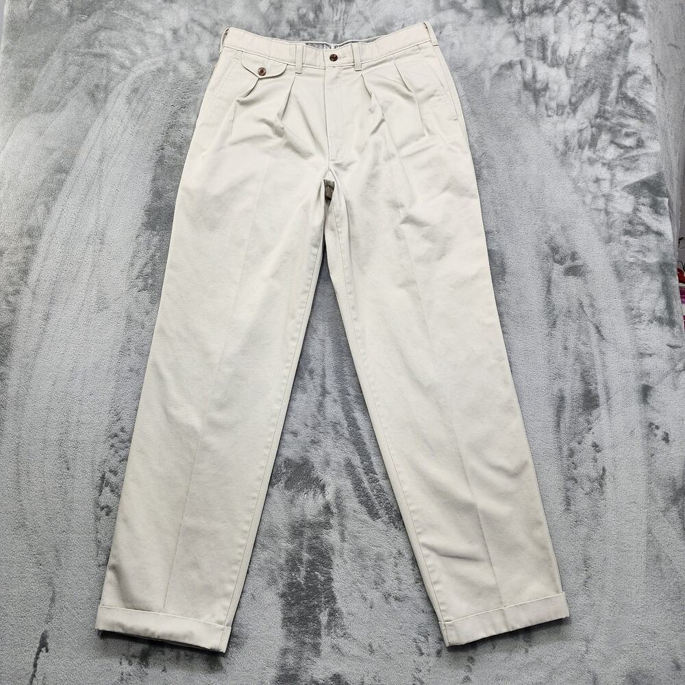 Vintage Savane Pants Mens W33 L32 Beige Khaki Pleated Cuffed Cotton Chino Preppy